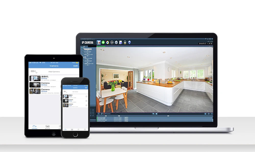 4MP IP WiFi outdoor security camera by Simples Market; shown on laptop, tablet and two smartphones