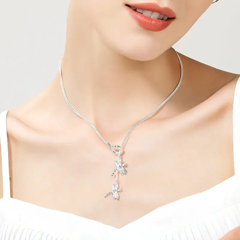 DOTEFFIL 925 Sterling Silver Two Dragonfly Pendant Necklace For Women Snake Chain Wedding Engagement Jewelry