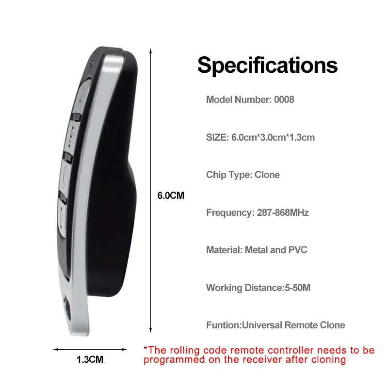 4-in-1 garage remote clone by Simples Market, black and silver universal key fob, 6 cm long