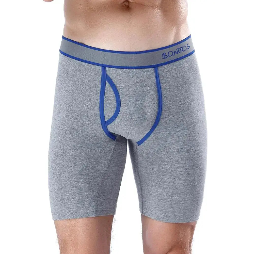 BONITOS men's gray long-leg boxer briefs with blue piping and logo waistband