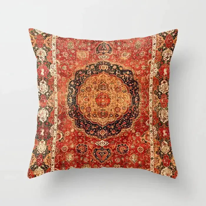 Pillow cover with red Moroccan Bohemian rug pattern, decorative cushion for living room decor