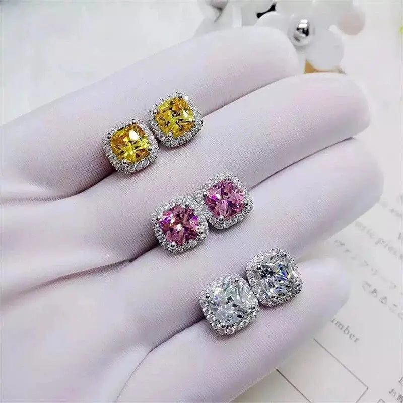 Huitan cushion-cut cubic zirconia stud earrings with halo; 3 pairs in yellow, pink and clear stones