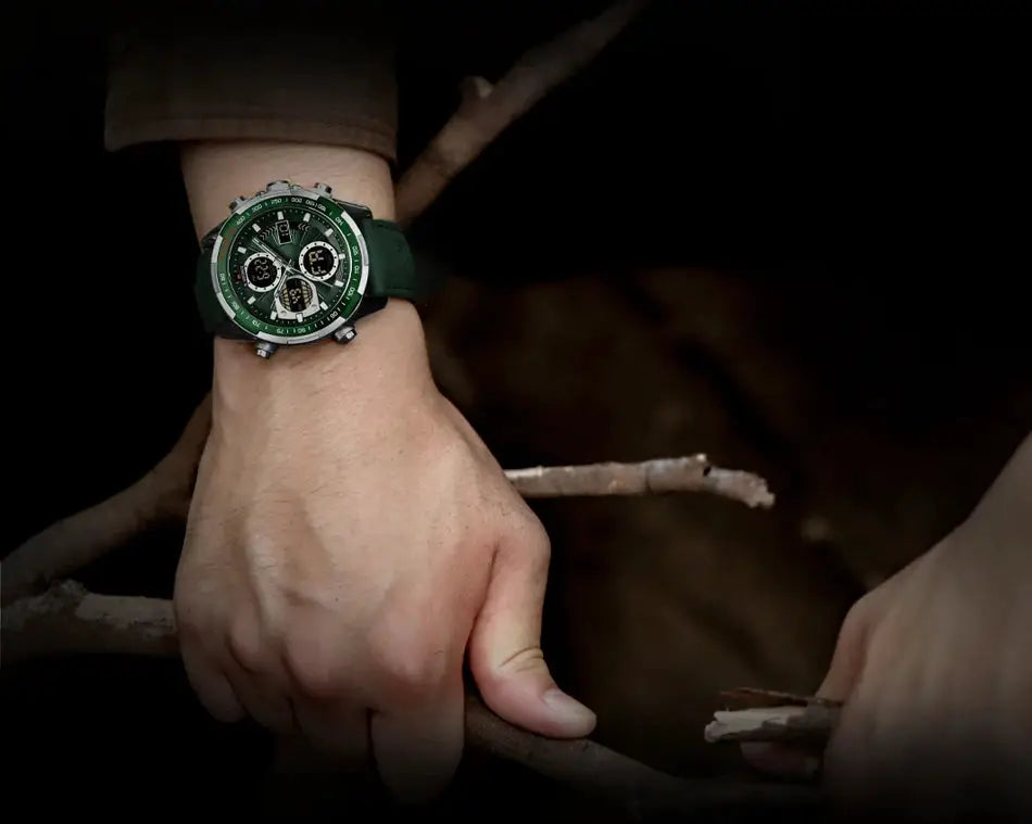 NAVIFORCE men's fashion military chronograph watch with green strap and bezel, waterproof quartz