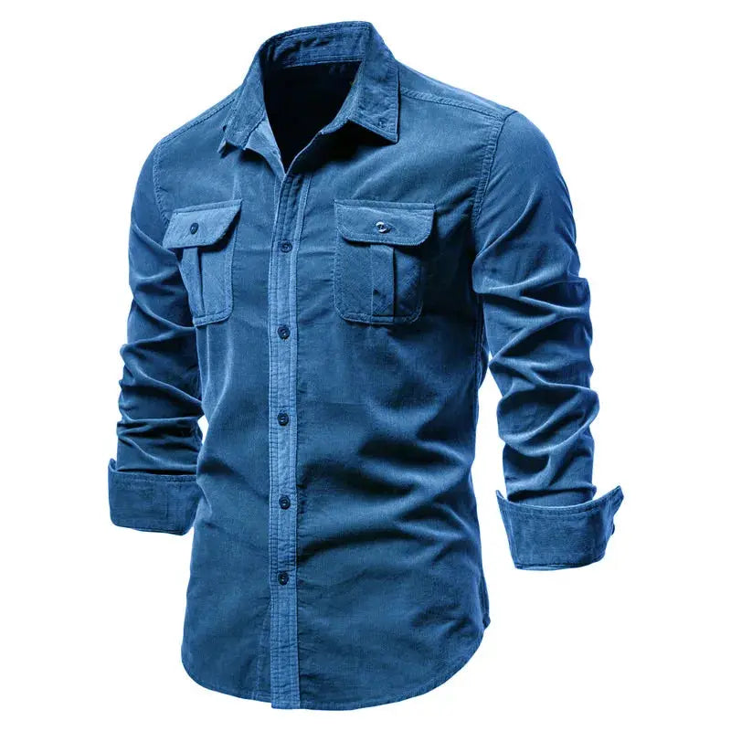 Men's blue corduroy shirt by Simples Market, 100% cotton, long-sleeve with two chest pockets.