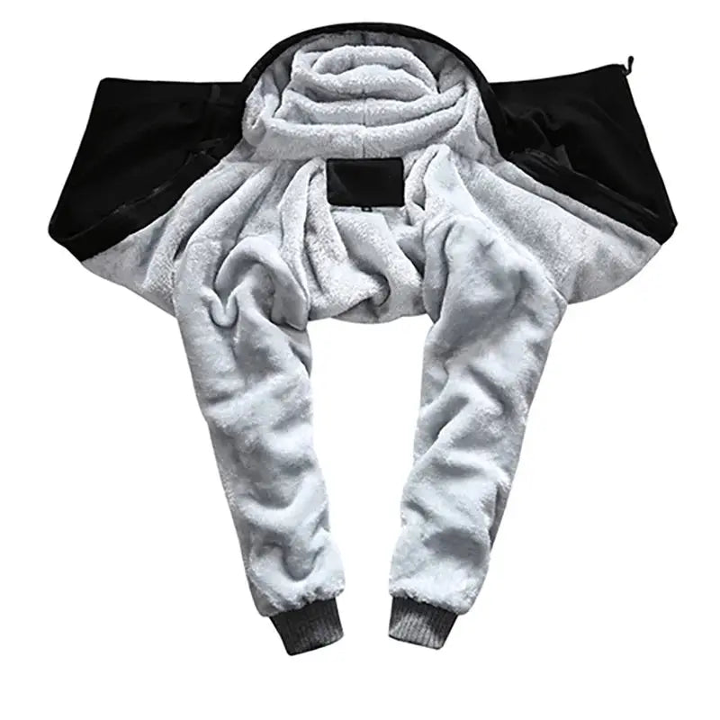 Men's fleece-lined winter jacket by Simples Market, black exterior with gray plush interior and hood