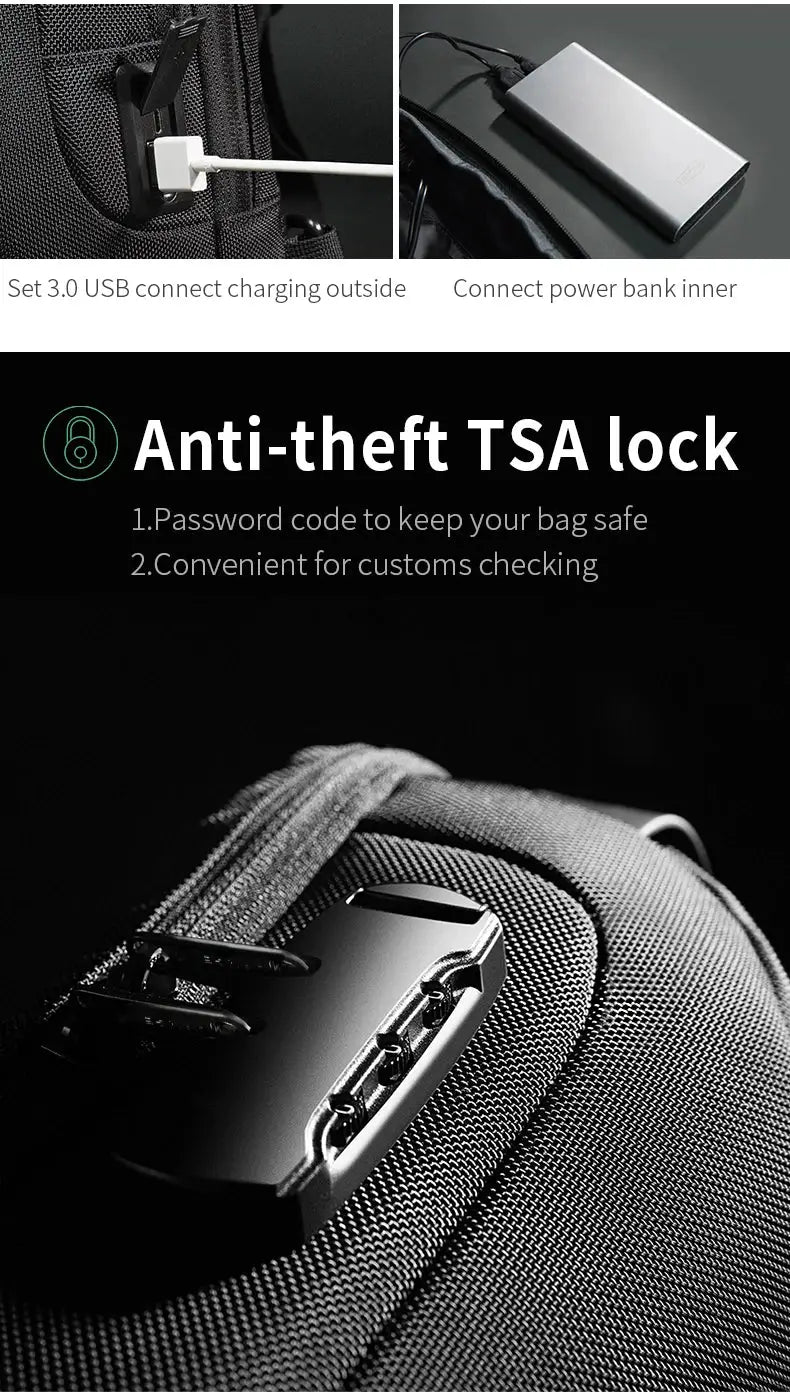 BANGE anti-theft crossbody bag in black, waterproof, with USB charging port and TSA lock