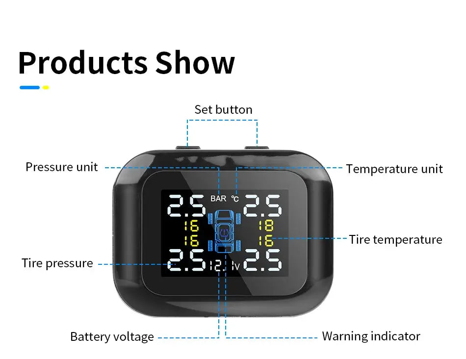 Black car TPMS monitor with digital display showing tire pressure and temperature