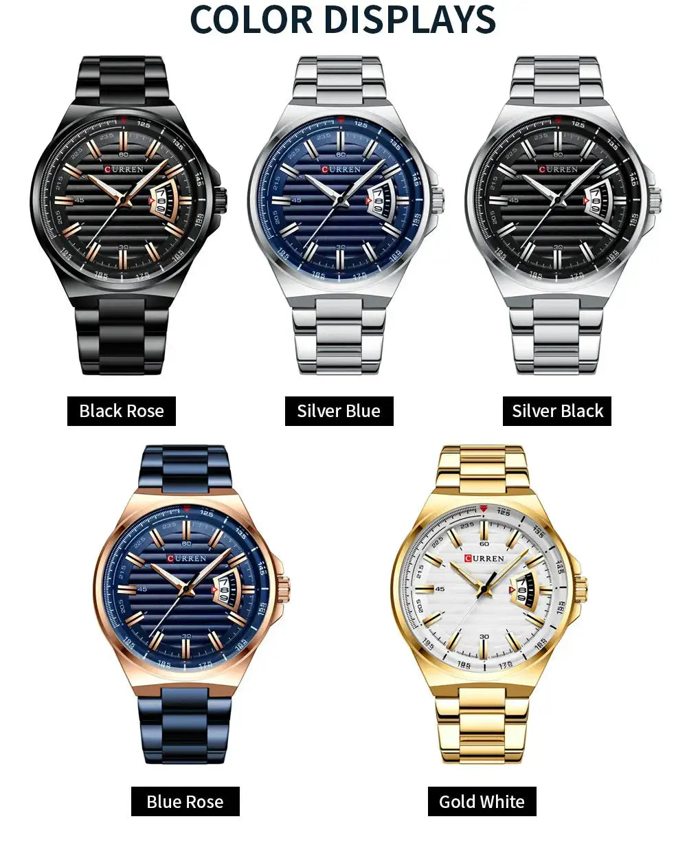 CURREN men's luxury watch with stainless steel band, quartz movement and auto date in 5 color variants