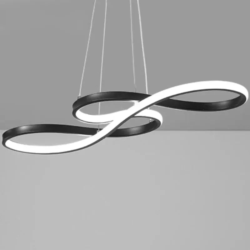 Simples Market double-loop infinity pendant light, black rings with white LED glow, ceiling-hung
