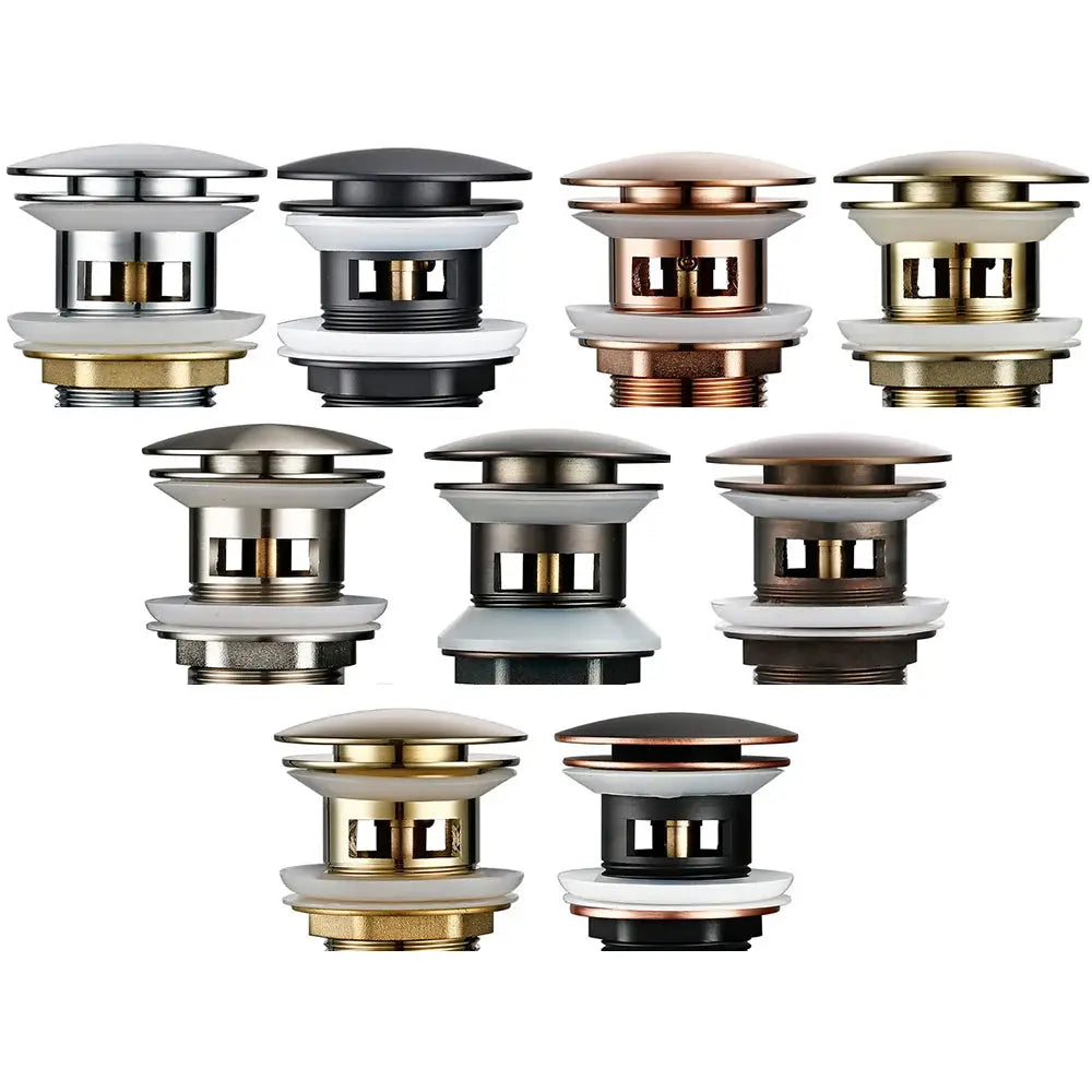 Simples Market Bagnolux pop-up bathroom sink drain stoppers set of 12 in assorted finishes for vessel sinks.