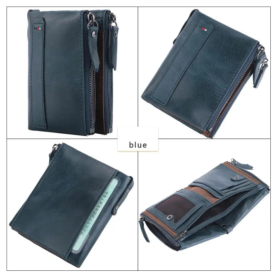 Men's blue genuine cow leather wallet with multiple card slots and zippered compartments
