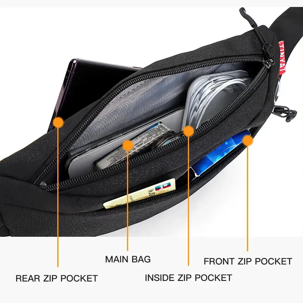 TINYAT waist bag by Simples Market; black belt bag with multiple zip pockets for phone and cards.