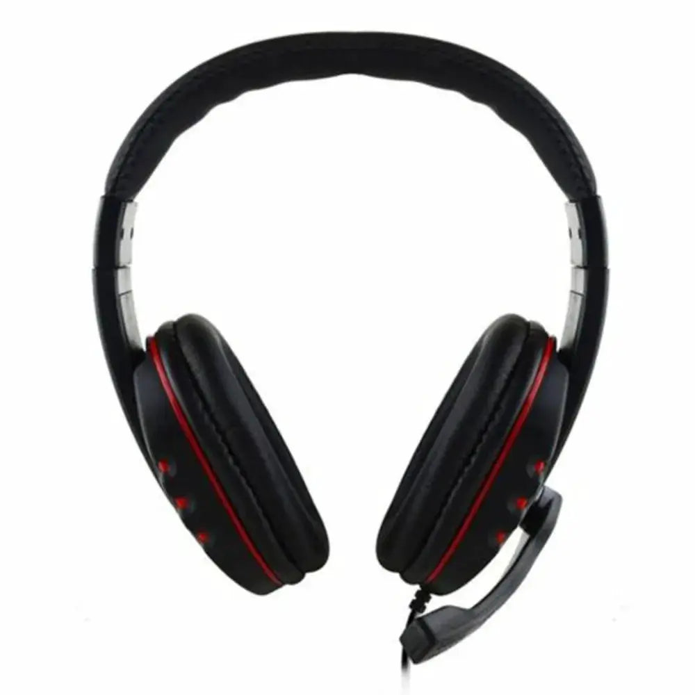 Gaming headset with wired 3.5mm connection, black with red trim and built-in microphone.