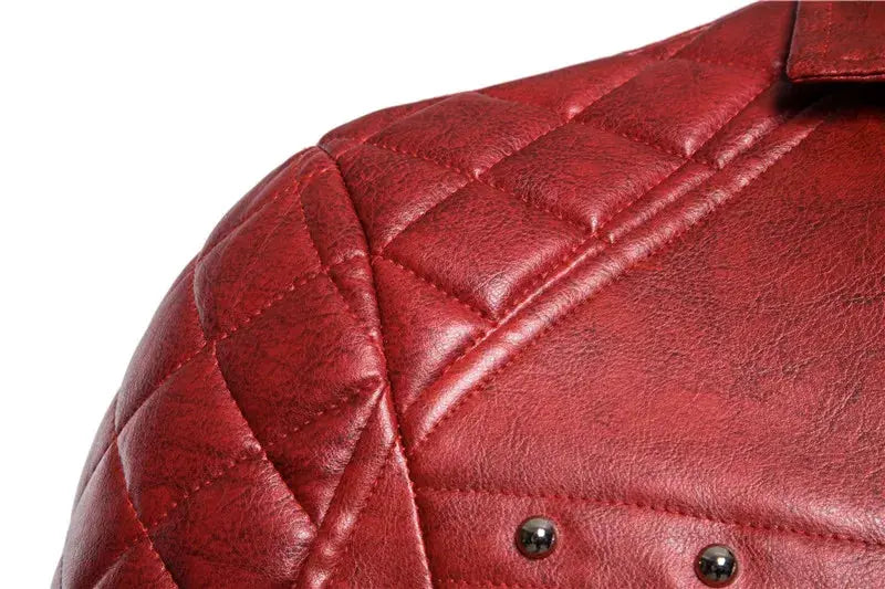 Red quilted leather motorcycle jacket for men with metal studs by Simples Market