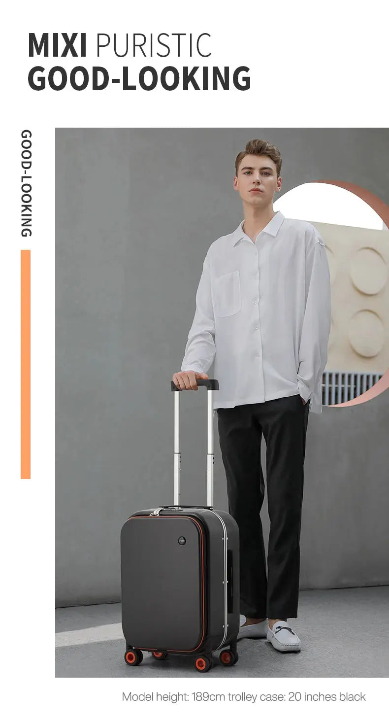 Simples Market Mixi patent design aluminum carry-on luggage with dark gray shell, red trim and orange wheels, 20-inch