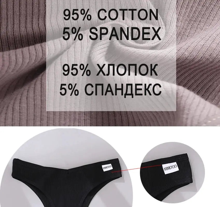 5-piece cotton women’s underwear set; black thong panty shown, solid colors