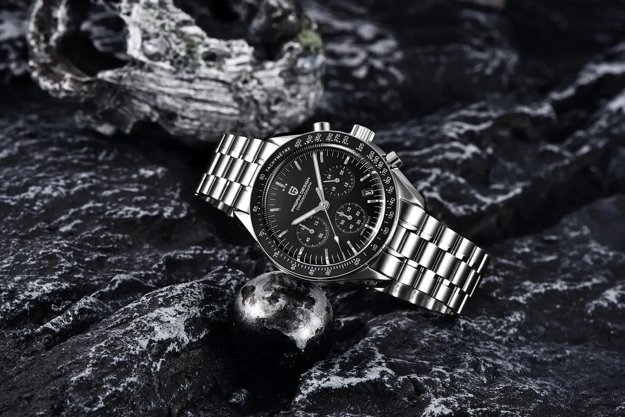 Pagani Design men's chronograph watch with silver stainless steel bracelet, black dial, tachymeter bezel.