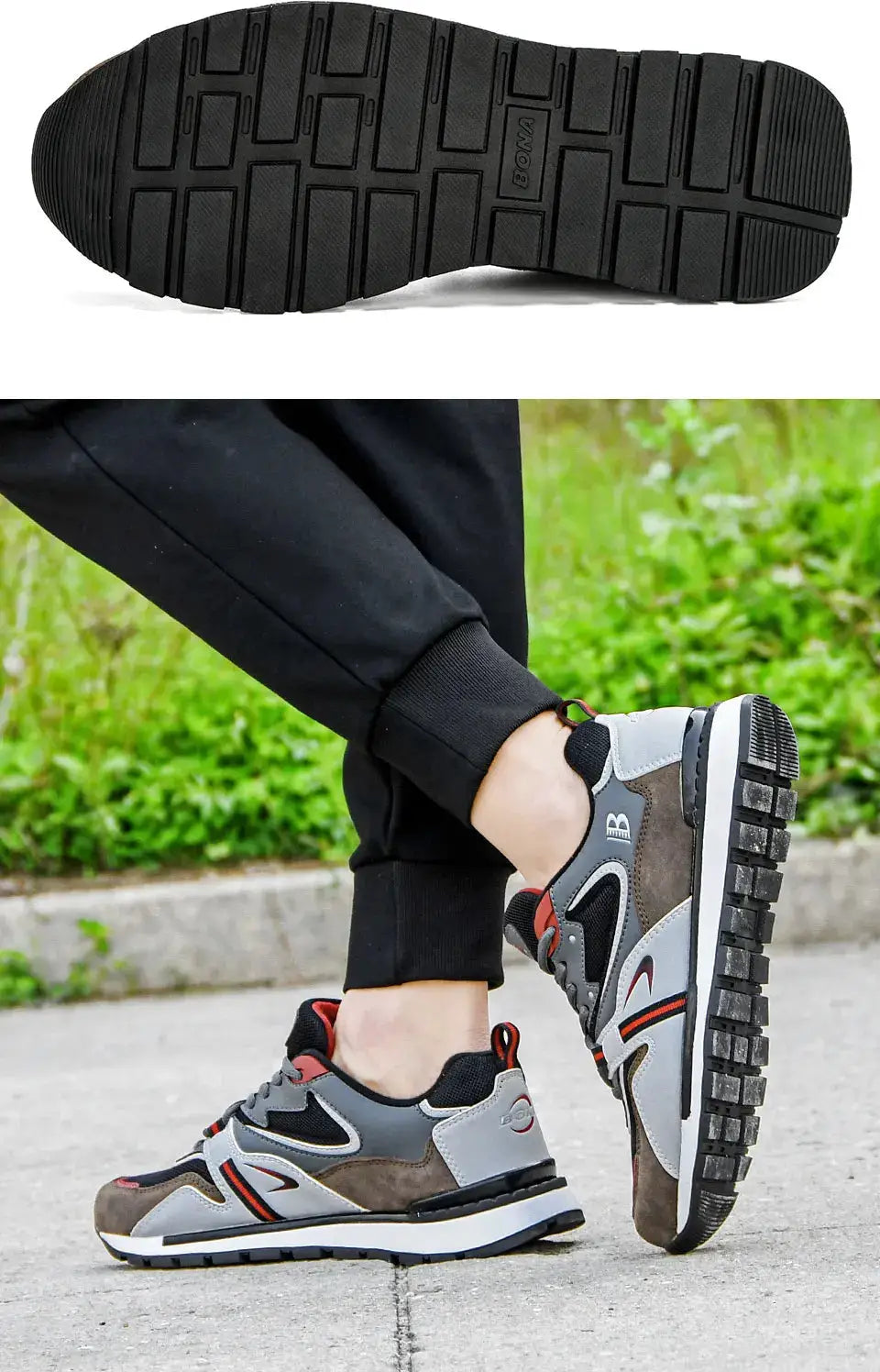 BONA men's action leather sport sneakers in grey, black and brown with red accents for running and fitness, pair