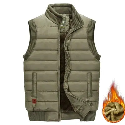 Simples Market winter fleece padded sleeveless vest in olive green with stand collar and ribbed trim
