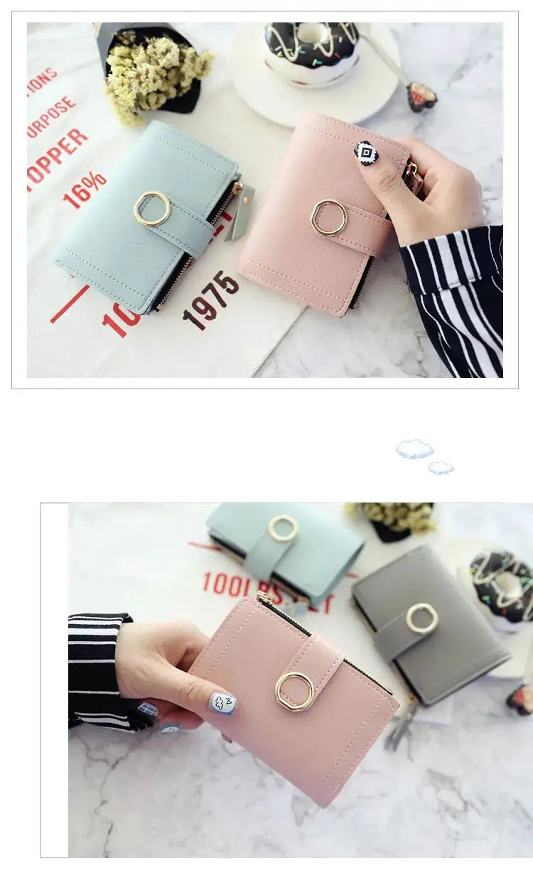 Two women's PU leather zipper wallets in pink and blue, card holder coin purses with circular ring accents