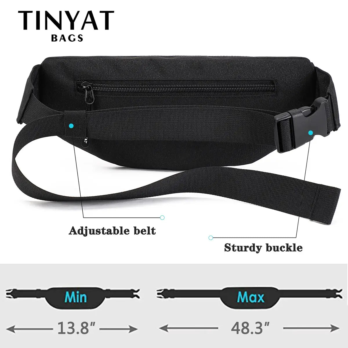 TINYAT waist bag in black with adjustable belt and front zip pocket.