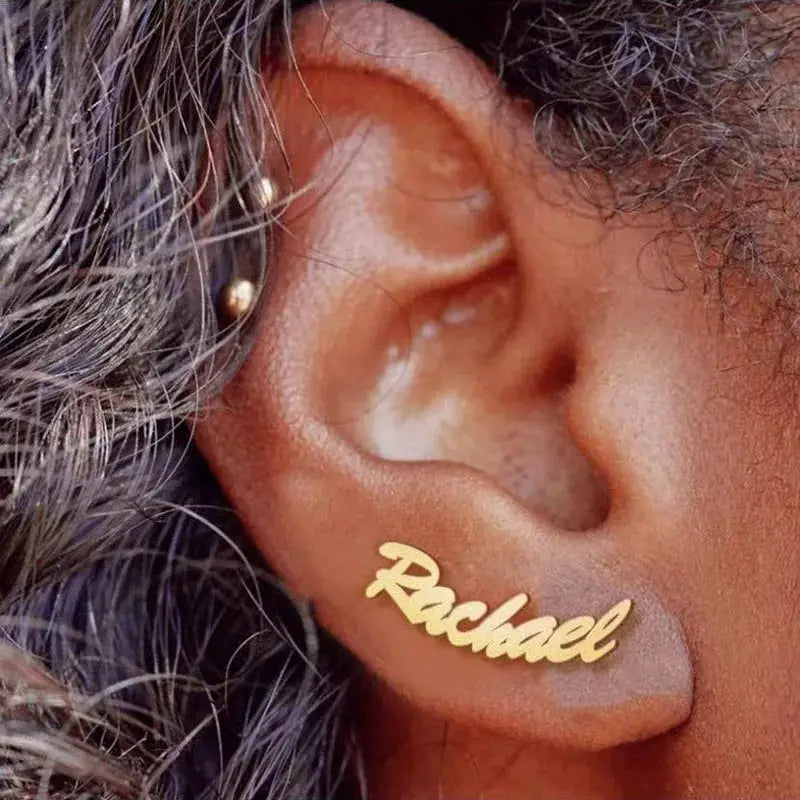 Pair of gold-tone nameplate earrings with script Rachel