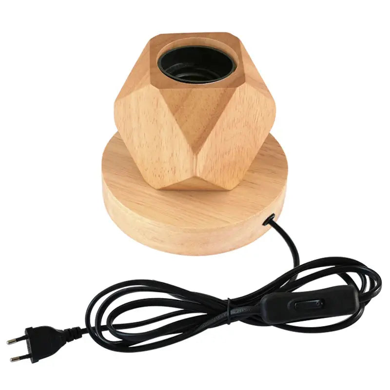 Wooden polyhedron E27 table lamp base on a round wooden platform with cord and inline switch, EU plug.