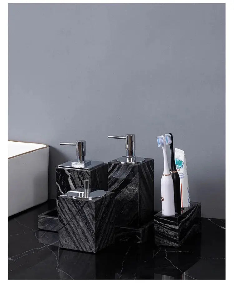 Ancient Wood Grain Natural Marble Bathroom Set in black marble; soap dispenser, toothbrush holder, and tray included.