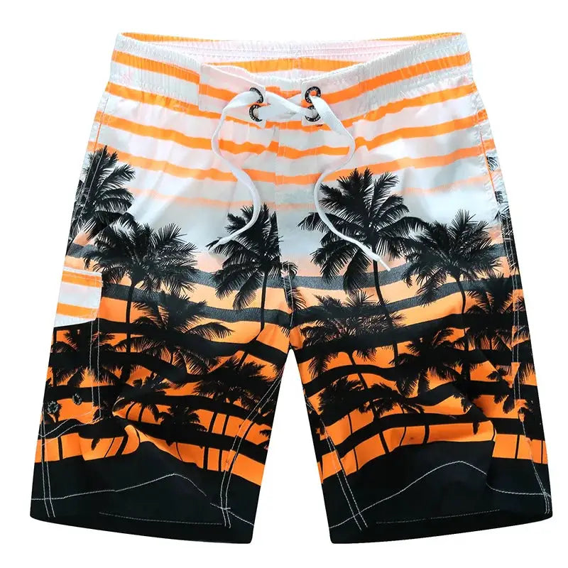 Men's surf board shorts with orange palm tree print and drawstring waist.