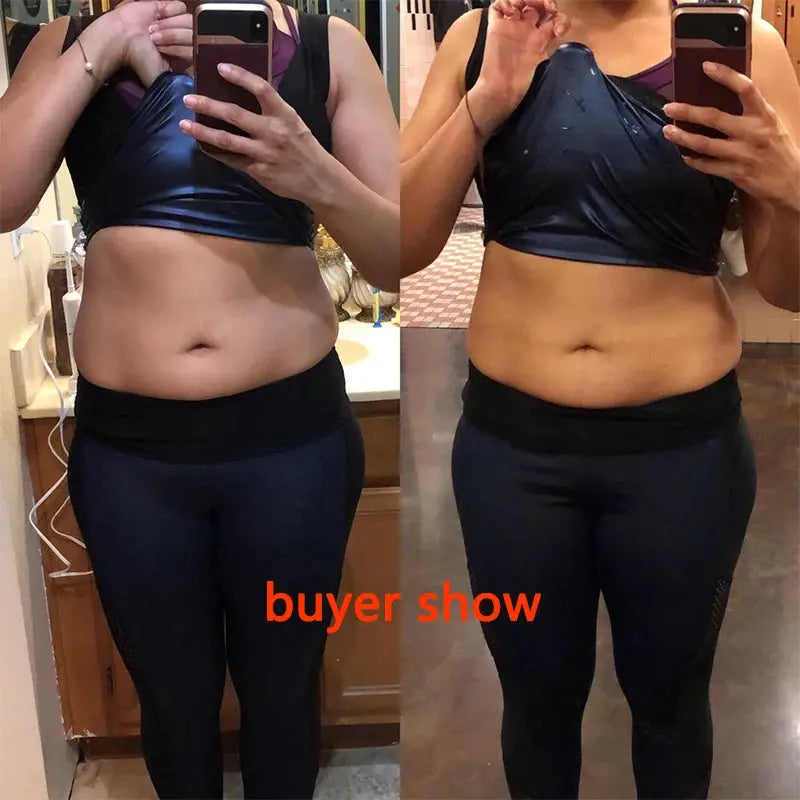 Neoprene sauna waist trainer vest in black; side-by-side before/after body shaper comparison.
