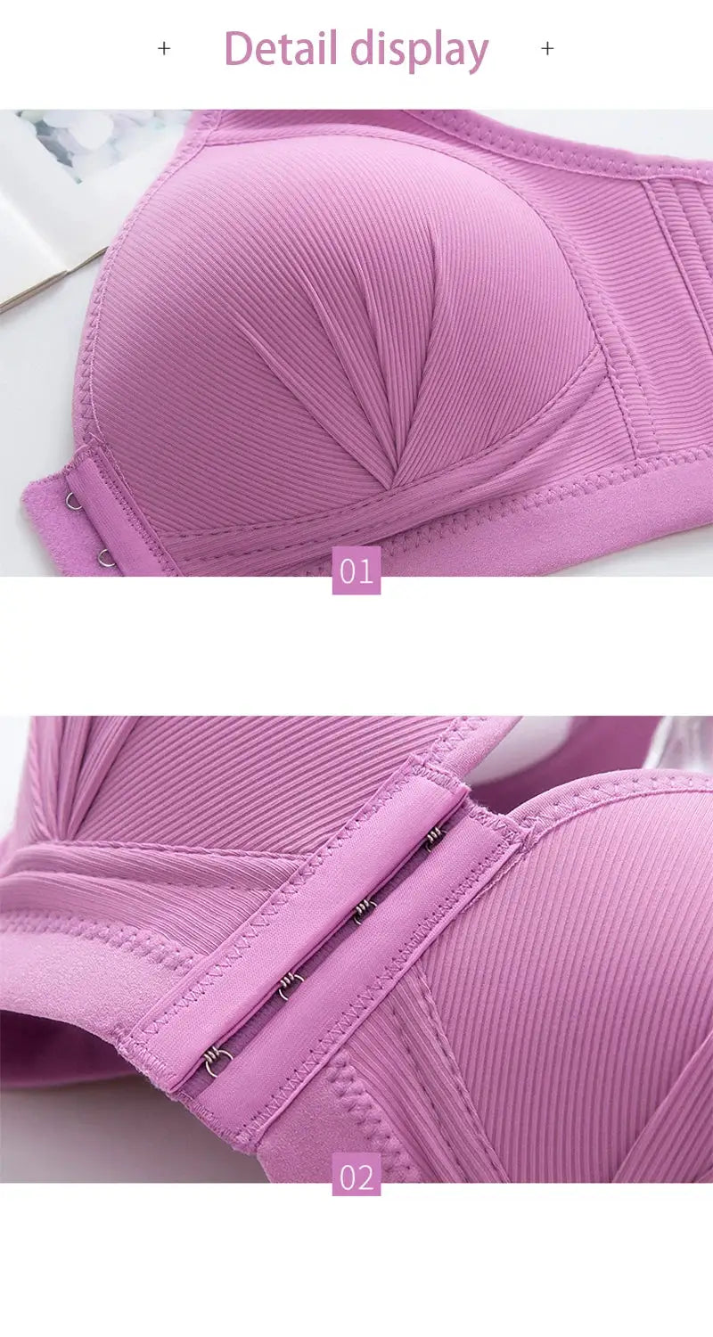 Pink ribbed push-up front-button bra with front opening for full support and lift