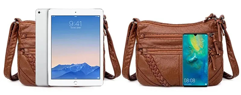 Brown PU leather messenger bag for women with front pockets and a braided strap