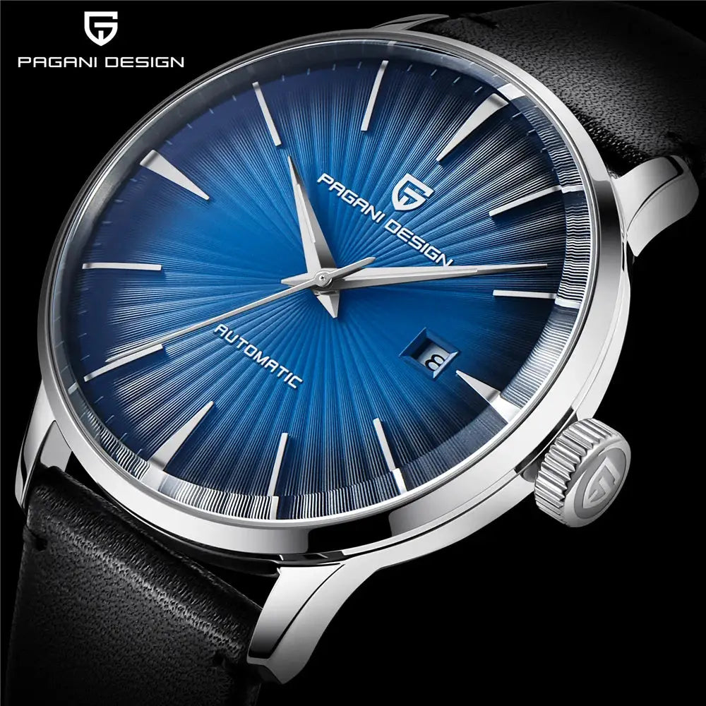Pagani Design men's watch with blue dial, silver case, black leather strap, automatic movement.