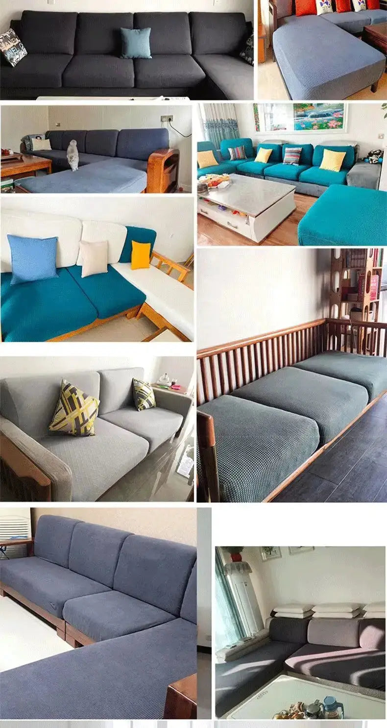 Sofa seat cover set by Simples Market; elastic thickened protective covers in blue and gray for sofas (collage).