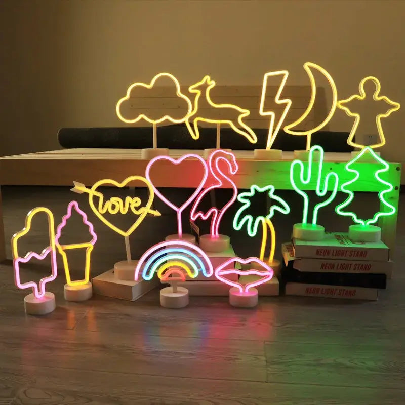 Simples Market neon LED sign set with multi-color USB lights featuring unicorn, flamingo, rainbow, moon and more.