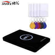 5YOA RFID card reader copier with five blank white cards and five color keyfobs (yellow, purple, red, black, blue)