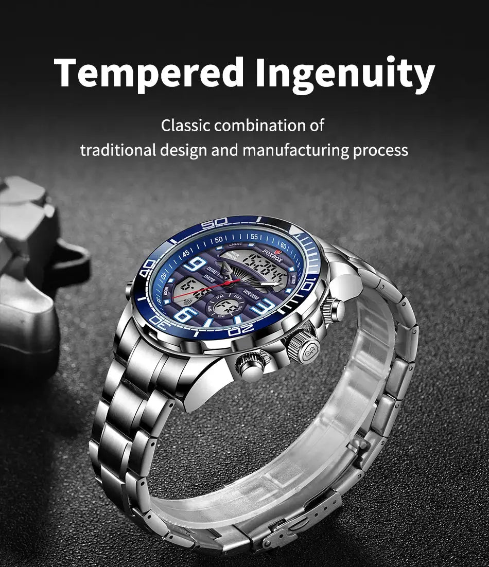 LIGE Foxbox digital men's watch with silver stainless steel bracelet and blue bezel