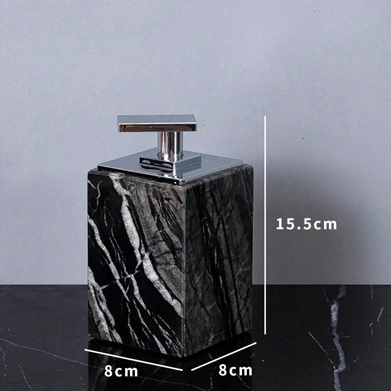 Simples Market marble bathroom dispenser on black 8x8 cm square base with chrome pump, 15.5 cm tall