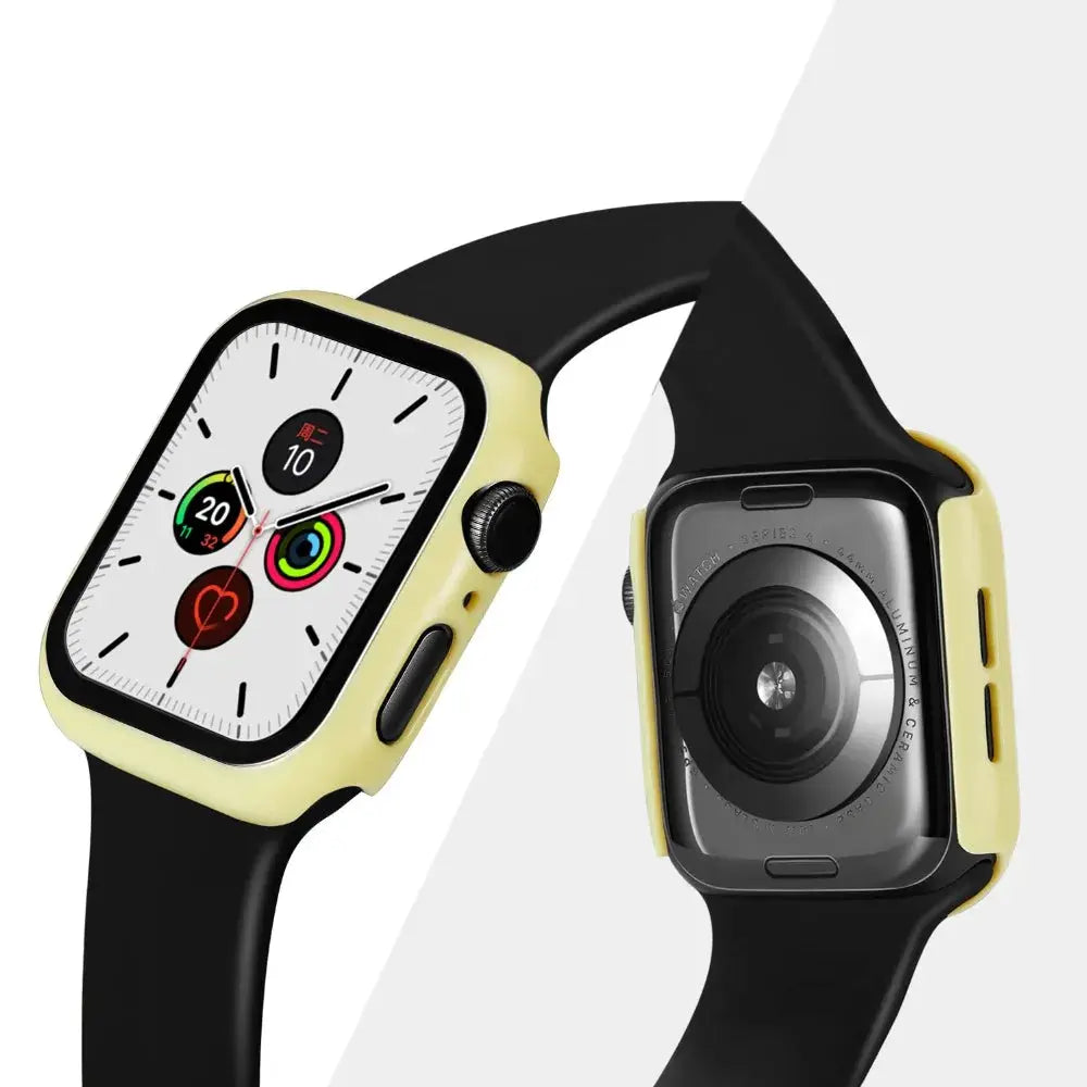 Simples Market Apple Watch tempered glass screen protector with yellow bumper case, 40-45mm, two views.