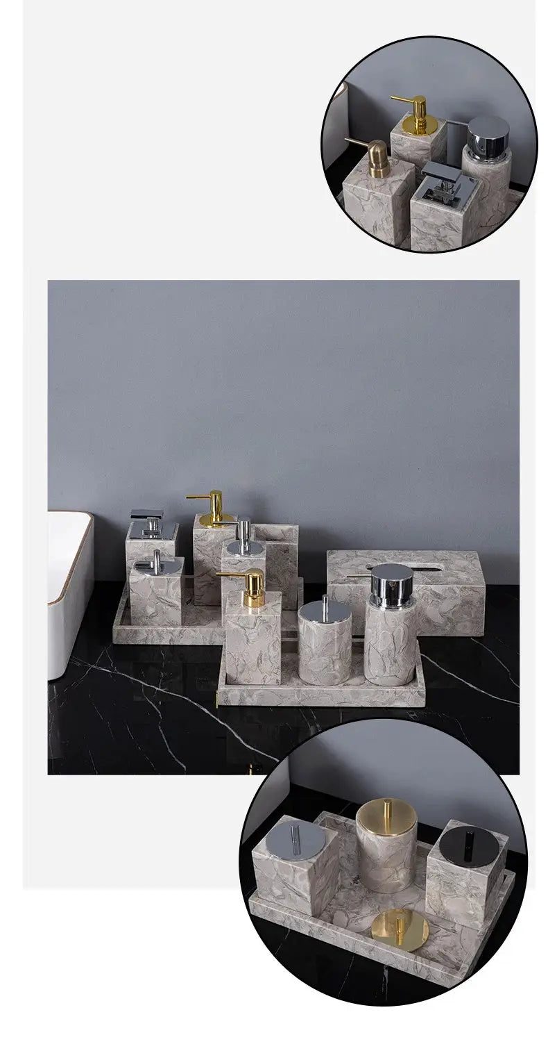 Marble bathroom accessories set; gray marble with gold and chrome hardware, 6-piece includes dispenser, toothbrush holder