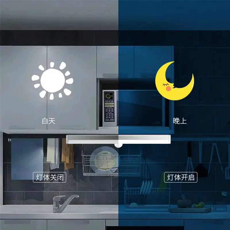 LED motion sensor under-cabinet light by Simples Market, wireless USB for kitchen/wardrobe, day and night modes.