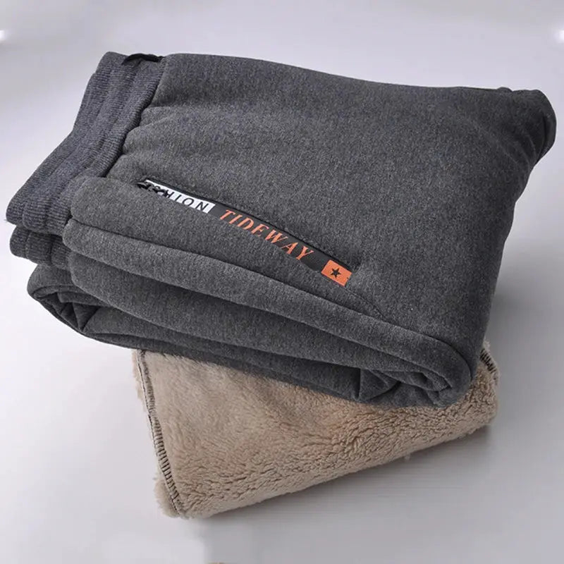 Men's thick warm fleece sweatpants in gray with beige lining, 2 folded pairs