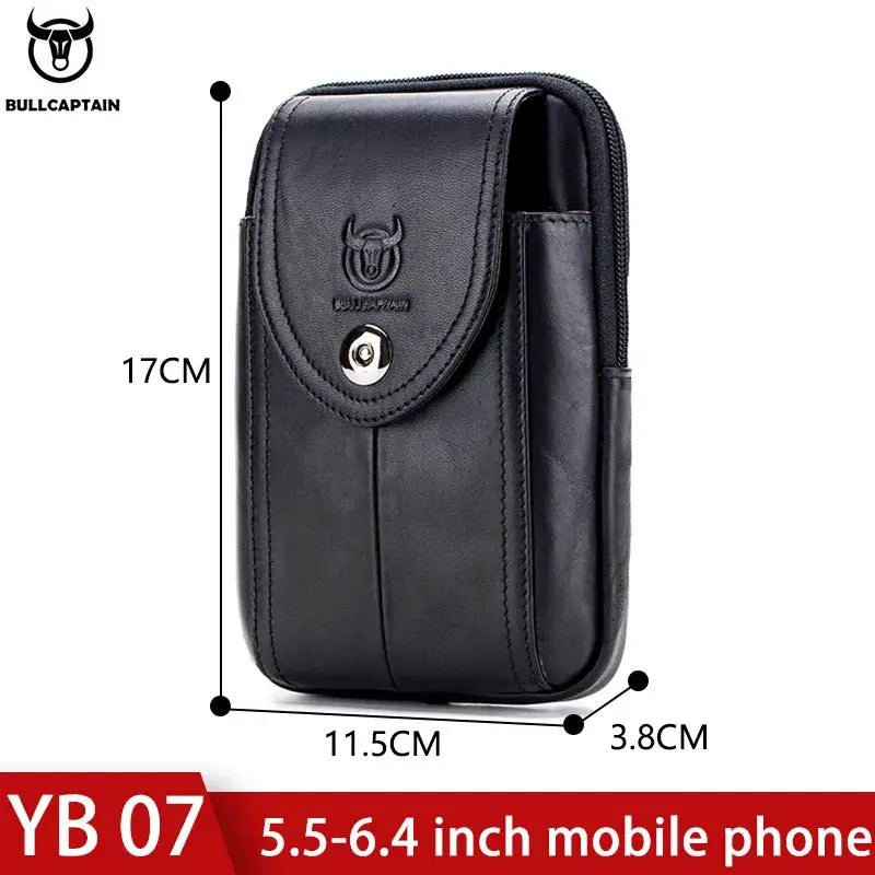 BullCaptain black leather men's belt waist bag with flap; MOLLE pocket for 5.5–6.4 inch phones