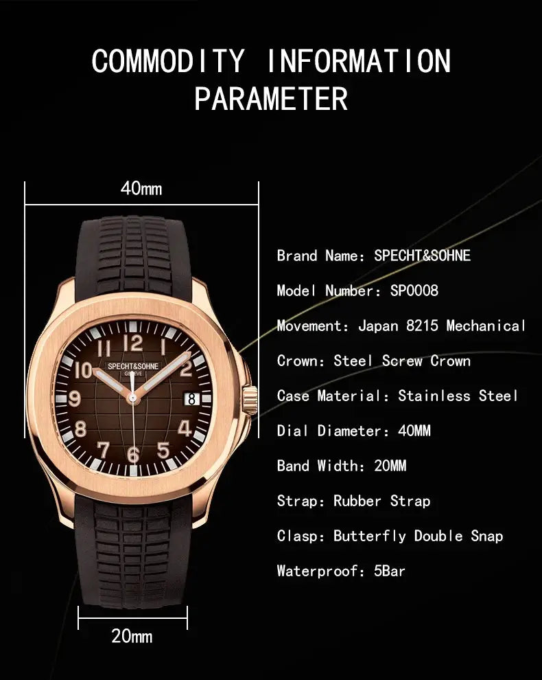 Specht&Sohne men's automatic sport watch with rose-gold case, black rubber strap, 40mm, 5Bar water resistant