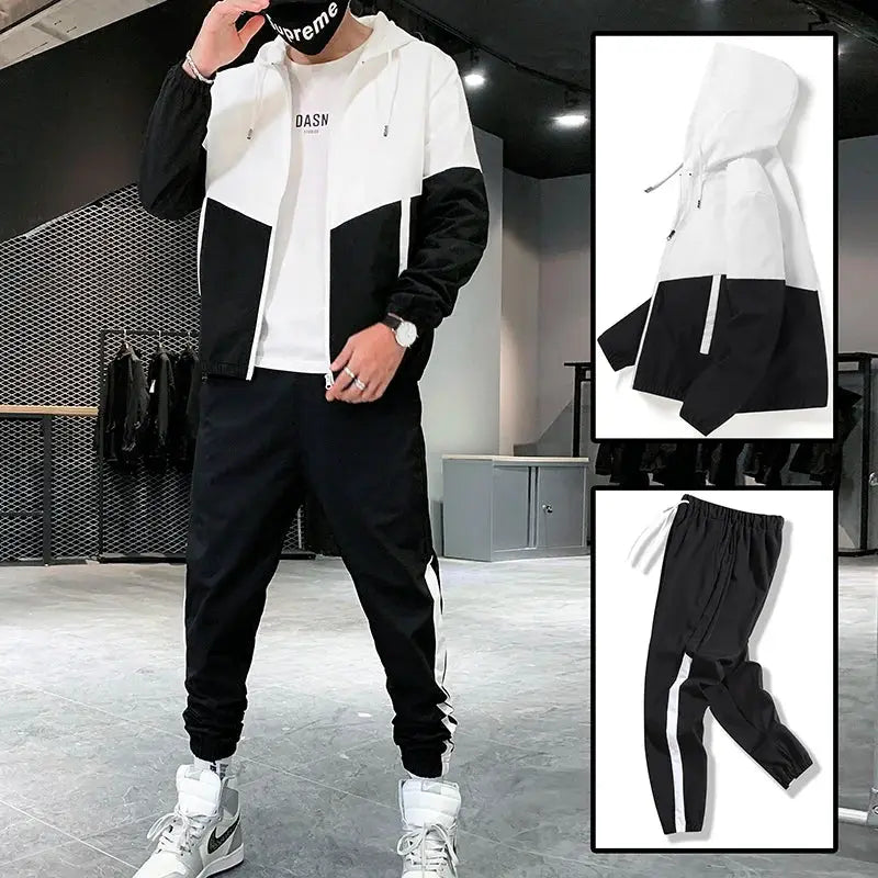 Men's Simples Market 2-piece black and white tracksuit with hooded jacket and side-stripe jogger pants