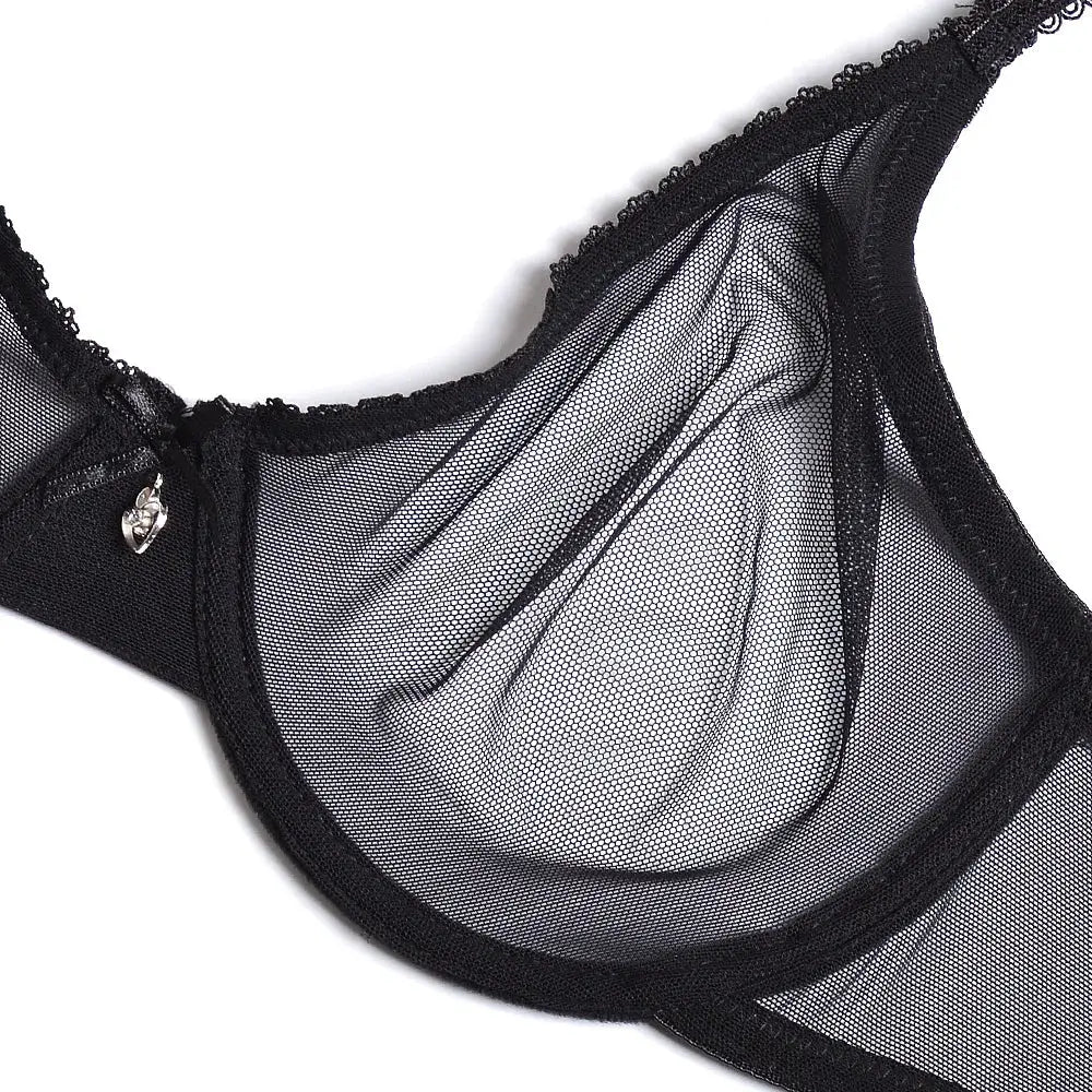 Bra black lace mesh with sheer cups, scalloped trim, and a small heart charm