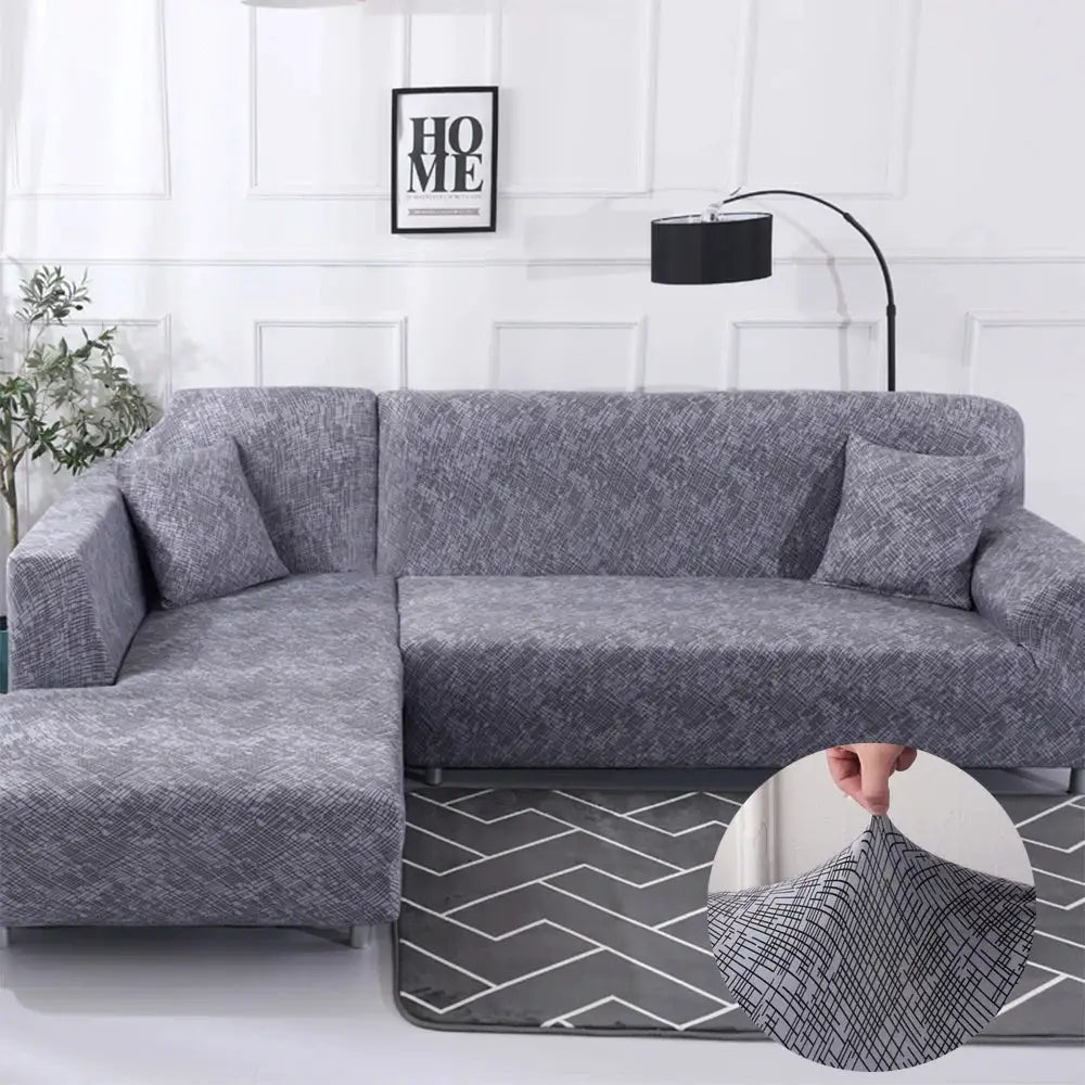 Sofa slipcover for L-shaped sectional, grey printed stretch fabric, elastic couch cover by Simples Market.