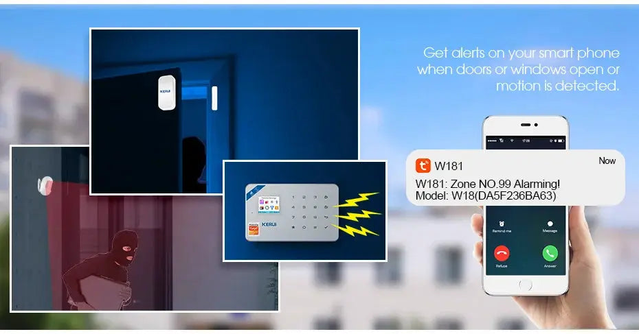 KERUI W184 alarm system kit with white keypad and motion sensors, 4G/WiFi GSM, Tuya Smart app control
