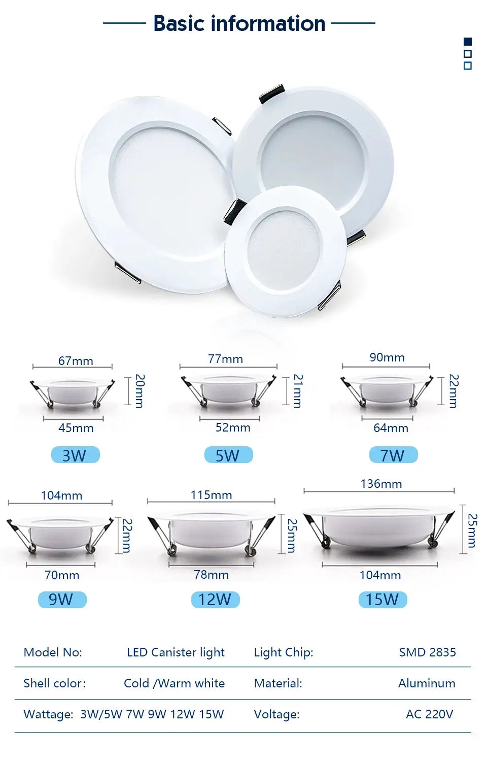 Simples Market LED downlight set, 6-pack recessed round panel lights in cold white aluminum, 3W–15W
