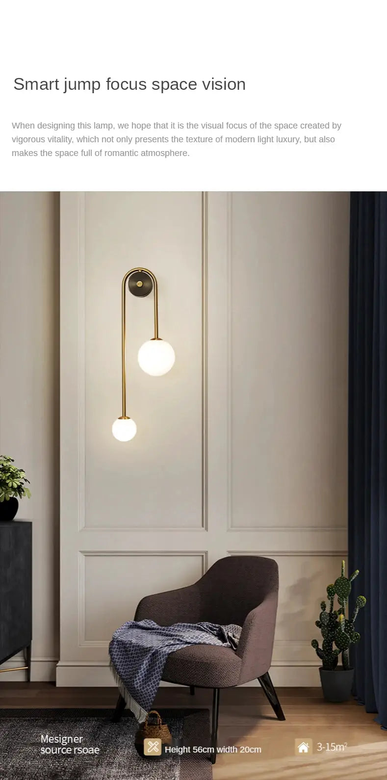 Simples Market modern wall lamp with twin glass globe shades in a gold finish, LED sconce for living room.